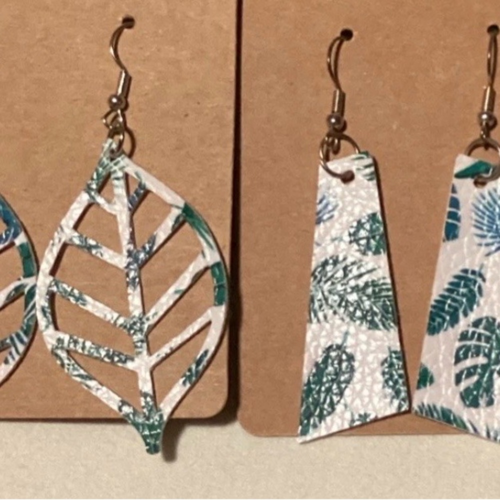 Leaf Cutout Teal & White Faux Leather Earrings